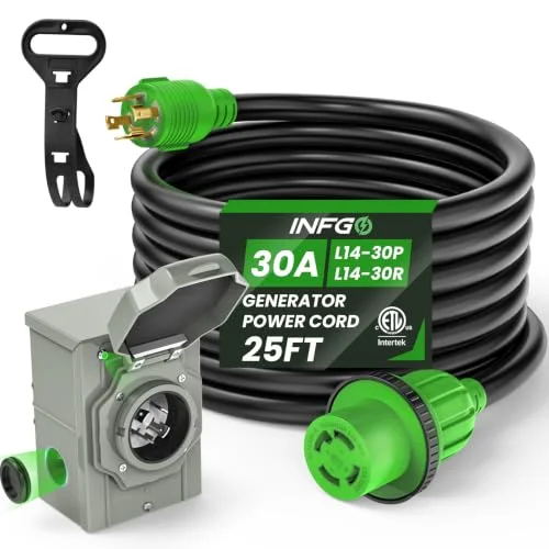 INFGO 30 Amp Generator Cord and Pre-Drilled Power Inlet Box Kit, NEMA L14-30P to L14-30R Twist Lock, 10/4 AWG, 7,500 W, ETL Listed
